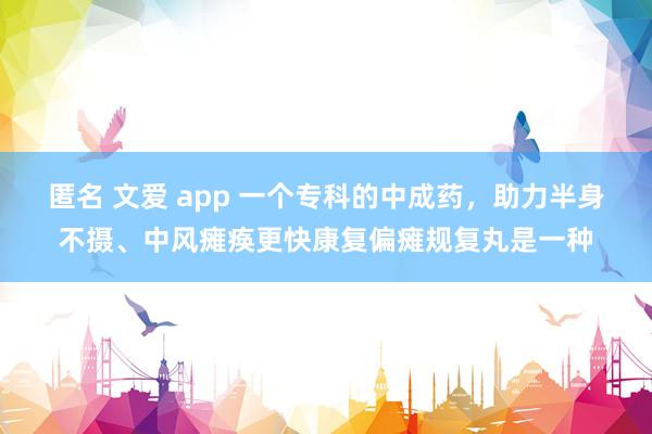 匿名 文爱 app 一个专科的中成药，助力半身不摄、中风瘫痪更快康复偏瘫规复丸是一种